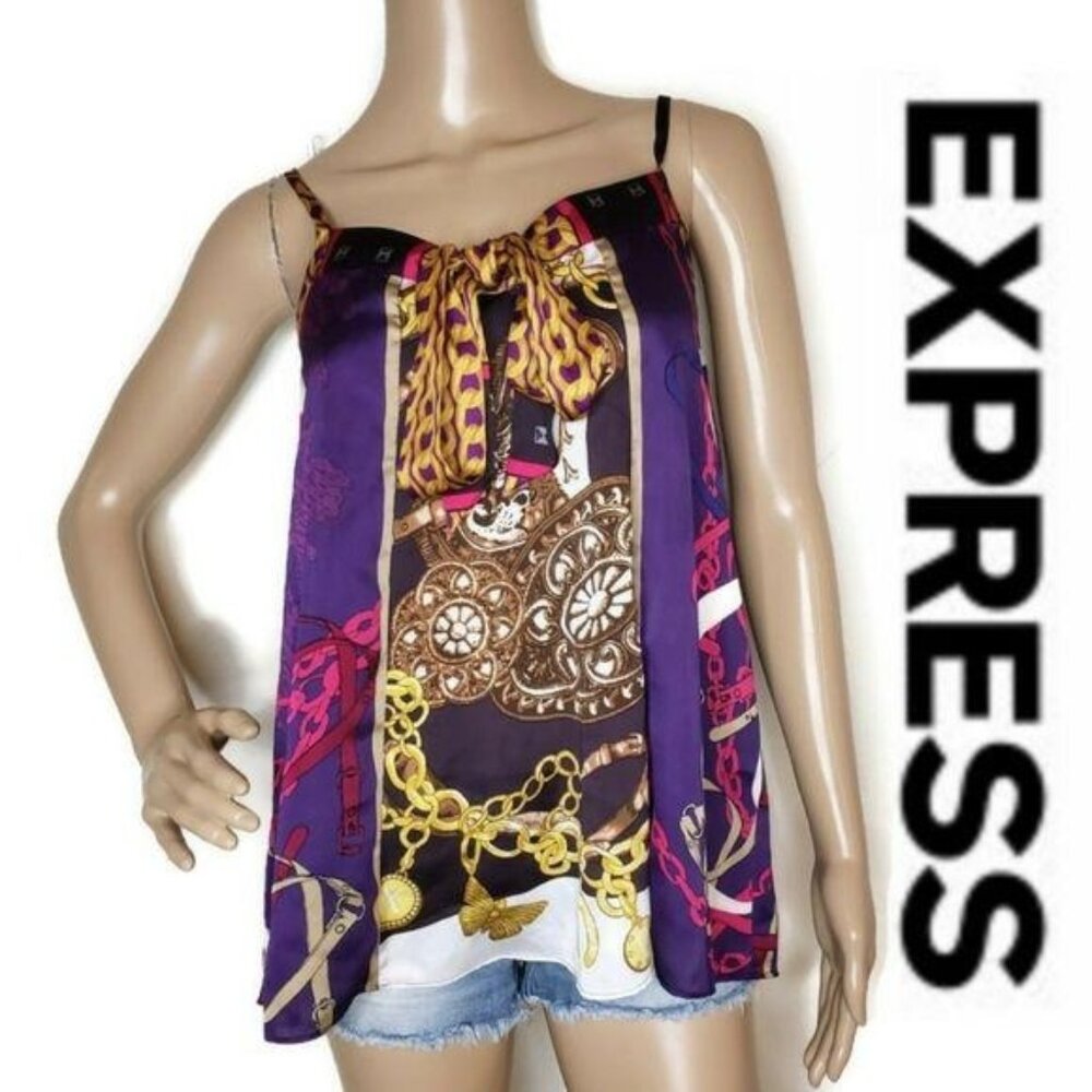 Express Women Purple Multicolor Chain Print Satin Tie-Front Camisole tank Top xs